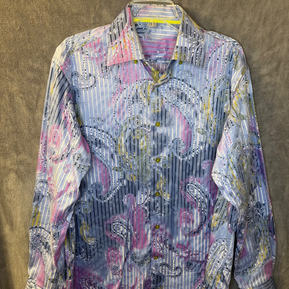 Visconti Uomo Mens Large Paisley Blue Pink Stripe Vibrant Button Down Shirt